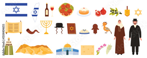 Fotografía Travel to Israel set, Jewish culture elements and food, map and architecture landmarks, judaism