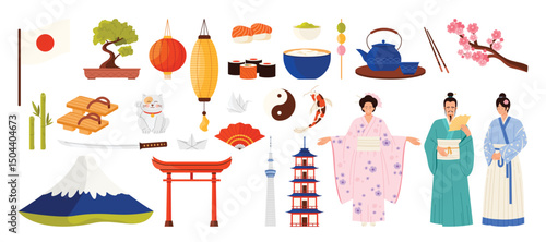 Travel to Japan set. Japanese culture and decorative symbols, heritage architecture of shrine and temple, bonsai tree and sakura, lucky cat and traditional food cartoon collection vector illustration