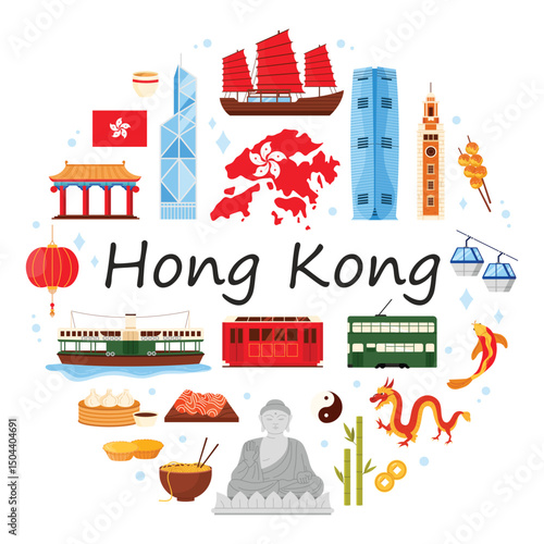 Hong Kong culture elements and city landmarks in round infographic banner. Travel to Asia objects, yin yang symbol and dragon, bamboo and ferry, cable car in circle cartoon vector illustration
