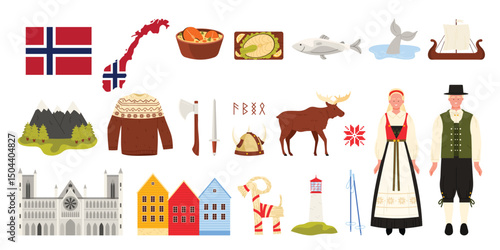 Travel to Norway set, Norwegian people, culture elements and nature, landmarks and food. Nidaros Cathedral and traditional colorful houses of Bergen, Lutefisk and viking cartoon vector illustration