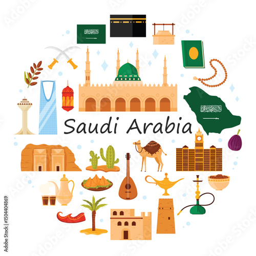 Saudi Arabia culture elements and food, modern and heritage landmark in round infographic banner with title. Traditional old building and oud guitar, hookah in circle cartoon vector illustration