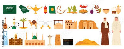 Saudi Arabia culture elements and landmarks set. Man and woman in traditional costumes, Muslim mosque and Clock Towers skyscraper, hookah and camel, swords of ancient Arabs cartoon vector illustration