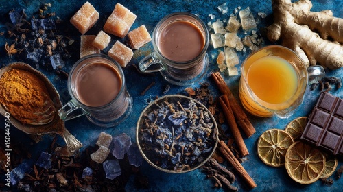 Colorful Assortment of Herbal Teas and Spices on Blue Background