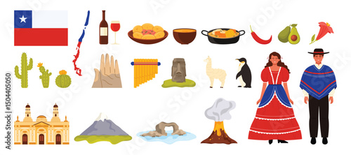 Travel to Chile set. Infographic stickers with animals and plants in national nature parks, Chilean people in traditional costumes, mountains and volcano, food and wine cartoon vector illustration