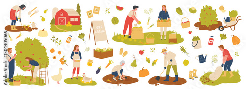 People farmers engaged in farming activities such as planting, harvesting, collecting fresh produce. Farm tools, fruits, vegetables, baskets. Eco-friendly, rural, organic farming vector illustration