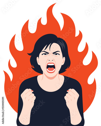 Woman Screaming with Intense Emotion Against a Bold Fire Background in Vibrant Clipart Style
