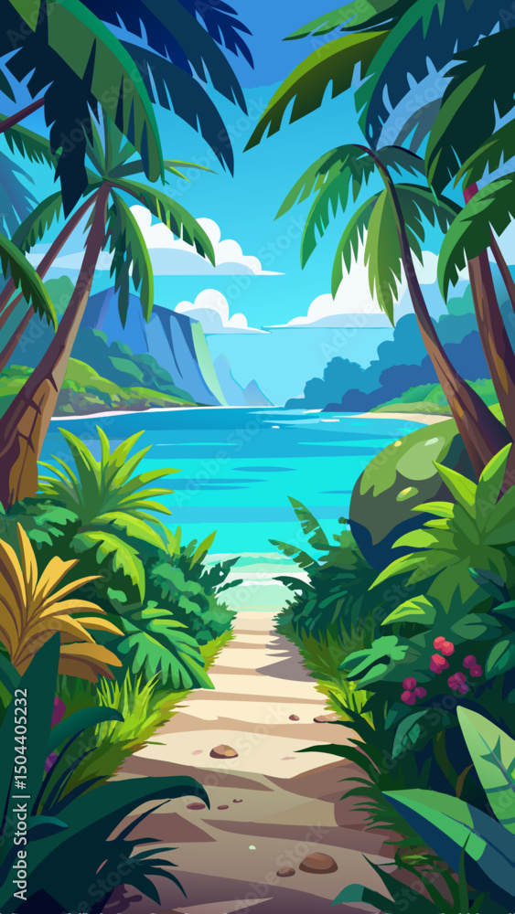 Fototapeta premium Tropical Jungle Path to Hidden Beach with Clear Blue Sea and Bright Sky 