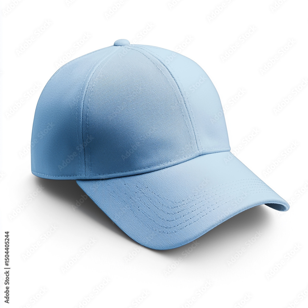 Fototapeta premium A plain light blue baseball cap mockup on a white background.