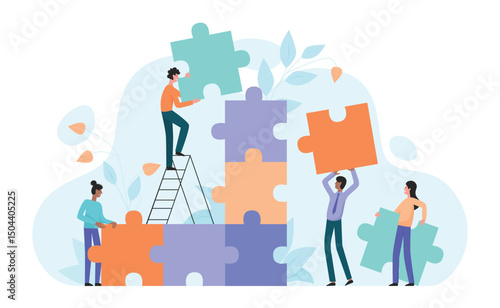 Teamwork cooperation to connect puzzle solution, success unity of corporate employees. Tiny people holding jigsaw piece to fit and match in tower creative project together cartoon vector illustration