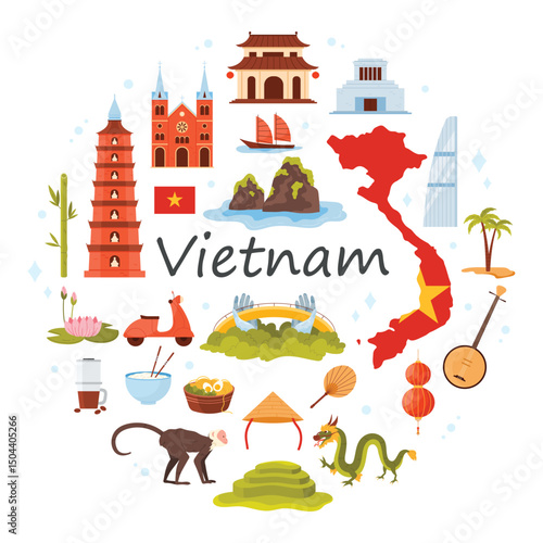 Travel to Vietnam set, culture elements and landmarks, food in round infographic banner. Map and flag of country, Ho Chi Minh Mausoleum, Pho Noodle soup, Saigon Cathedral cartoon vector illustration