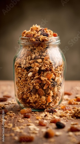 Healthy Granola Mix in a Glass Jar on a Wooden Table With Scattered Ingredien...