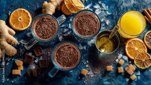 Refreshing Beverage With Spices and Dried Fruits on Blue Background During Ev...