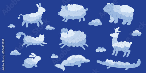 Funny clouds of different animal shape set. Fluffy white bear deer crocodile dolphin bunny sheep pig cat flying on blue sky background, creative cloudy weather elements cartoon vector illustration