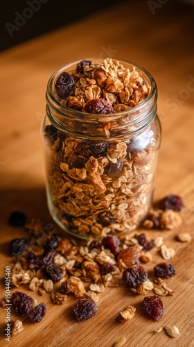 Healthy Granola Mix in a Glass Jar on a Wooden Table With Scattered Ingredien...