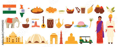Travel to India infographic set with Indian man and woman in sari, culture design elements, cuisine and landmarks. Taj Mahal and Lotus Temple, spices and elephant, rickshaw cartoon vector illustration