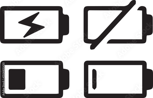 Battery Icons: Four monochrome icons depicting battery charge status and charging, perfect for digital interface design and technology-related content.