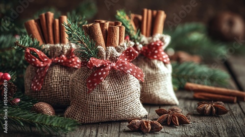 Cinnamon Sticks Bundled With Festive Decorations on Rustic Wooden Table