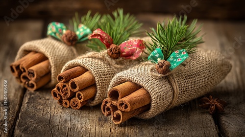Cinnamon Sticks Bundled With Festive Decorations on Rustic Wooden Table