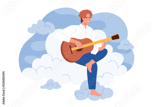 Happy man playing guitar, sitting on clouds with good vibe of music. Cute male guitarist character holding acoustic guitar to play romantic melody, smiling in positive mood cartoon vector illustration