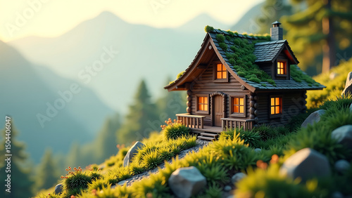 diminutive intricately detailed wooden cottage stands atop hillside curved roofline covered lush greenery surrounded halo