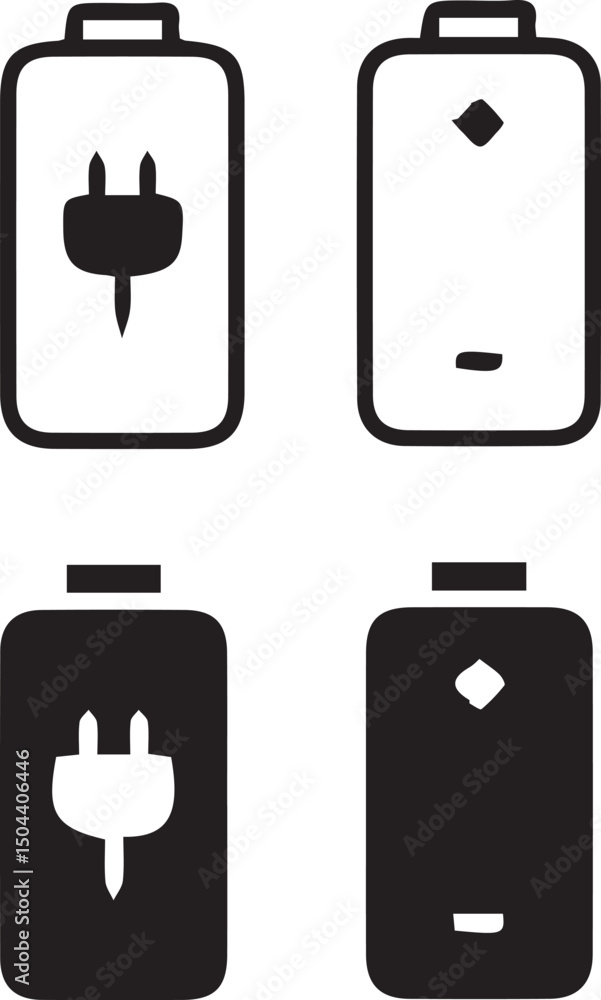 Energy Icons: A set of clean, minimalistic illustrations showcase various battery and power plug icons, offering a visual representation of energy. Energy Icons: A set of clean, minimalistic illustrations showcase various battery and power plug icons, offering a visual representation of energy.
