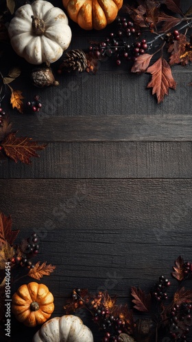 Fall Harvest Arrangement Featuring Pumpkins, Leaves, and Berries on Dark Wood...