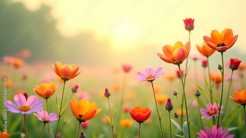 Naklejka premium sea vibrant wildflowers sway gently breeze delicate petals slender stems set soft diffused light