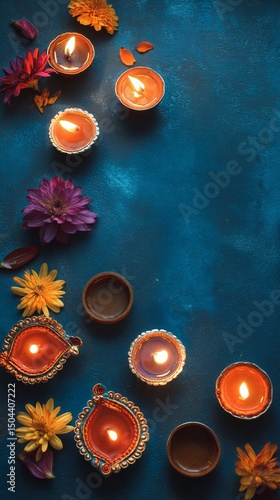 Colorful Diyas and Flowers Arranged on Blue Surface for Festival Celebration