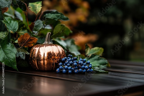 Pumpkin and Berries Surrounded by Foliage on a Wooden Surface in Autumn Light