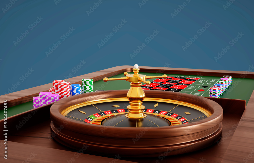 Casino roulette wheel with ball and stack of poker chips Casino roulette wheel with ball and stack of poker chips