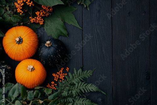 Autumn Pumpkin Display With Vibrant Foliage and Berries in a Rustic Setting