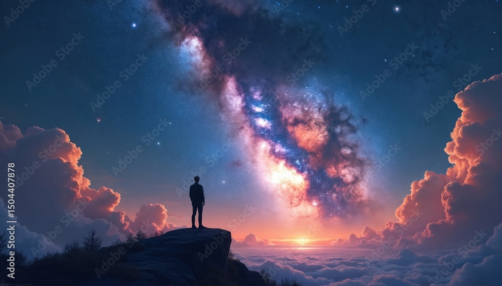 Fototapeta premium Silhouette man stands mountain peak looks at Milky Way galaxy night sky. Starry cosmos scenic view above clouds, sunset, sunrise. Beautiful landscape, person at the edge, universe.