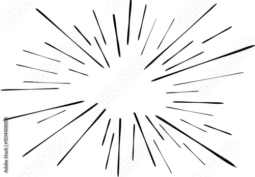 Comic-style radial speed lines explosion effect on a white background. Perfect for manga, dynamic motion graphics, pop art, or dramatic emphasis in illustrations, posters, and digital design projects.