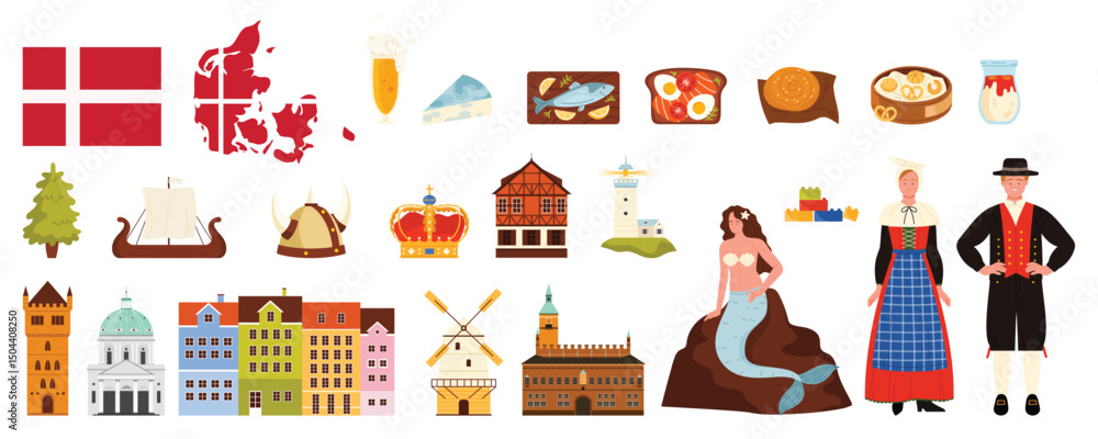 Fototapeta premium Travel to Denmark, national culture and landmark stickers set. Traditional colorful houses of Copenhagen, viking hat and boat, map and flag, food and people of country cartoon vector illustration