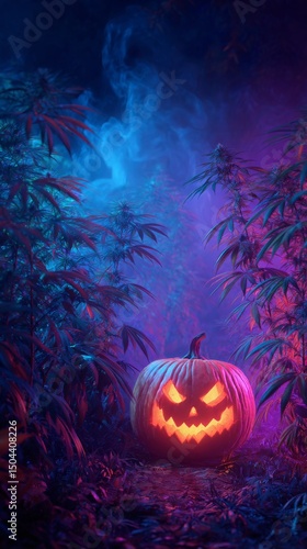 Unique Pumpkin Amidst Vibrant Blue Plants in a Mystical Haze During Autumn