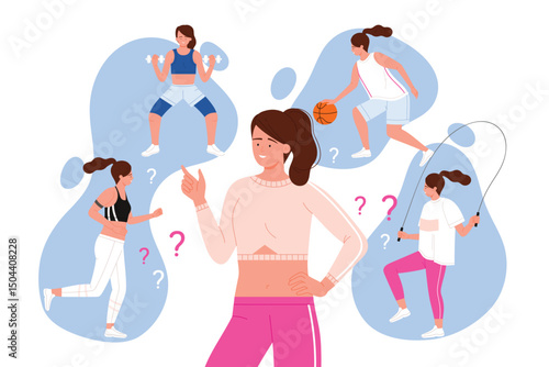 Active girl thinking about variety of alternative physical exercises and games for training. Young woman choosing between running, fitness and jumping rope, basketball cartoon vector illustration