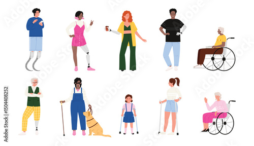 Diverse group of people with different types of disability, social inclusion. Man and woman with special needs, male and female characters on wheelchair, with prosthesis cartoon vector illustration