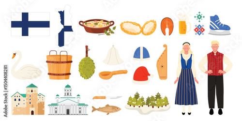 Travel to to Finland, elements of culture, people and heritage landmarks set. Finnish National Theater, man and woman in traditional costumes, skates and Santa Claus hat, cartoon vector illustration