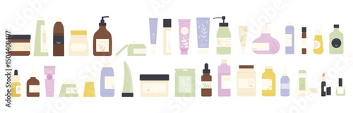 Vector illustration of cosmetic, makeup, and skincare product bottles, containers, and tubes. Includes lotion, cream, gel, and shampoo. Represents personal care, beauty, and hygiene products.