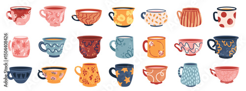 Vector illustration variety of uniquely patterned vintage cups and mugs, each with distinct shapes and designs. Teacup set English afternoon tea ceremony retro creativity in ceramics and drinkware