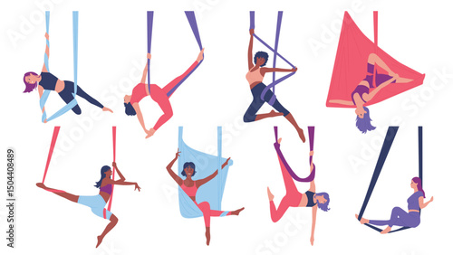 Girls training aerial yoga poses set. Young female characters flying, hanging in hammock, stretching body with ribbon, flexibility on healthy air acrobatics workout in gym cartoon vector illustration