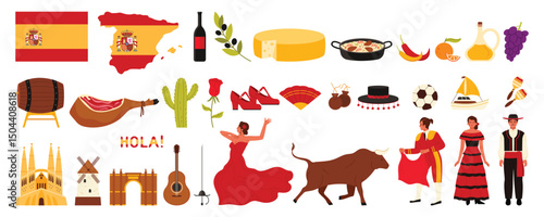 Travel to Spain, famous culture elements, food and landmarks heritage set. Flag and map, Spanish people in national costumes, flamenco dancer and bullfighter with bull cartoon vector illustration