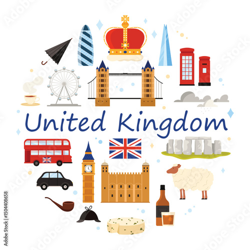 Travel to Great Britain Kingdom and London round banner design. Culture elements and architecture monuments, Big Ben Tower and Stonehenge, English food and drink in circle cartoon vector illustration