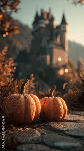 Pumpkins in the Foreground With a Castle Backdrop During Golden Hour in Autumn