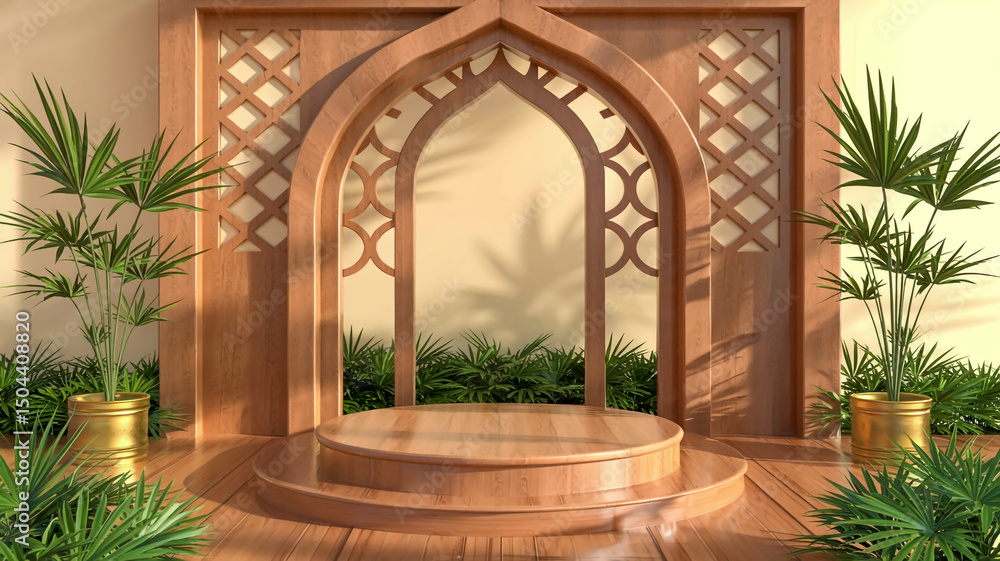 Fototapeta premium A 3D rendering of a luxurious product display platform with a wooden archway.