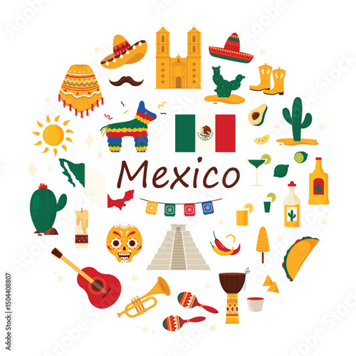 Travel to Mexico round infographic banner design. Mexican man mustache and sombrero, poncho and carnival party maracas, history and culture landmarks, cactuses in circle cartoon vector illustration