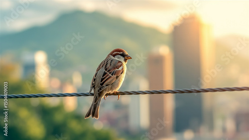 A close-up photograph of a small brown sparrow perched on a black twisted wire against a blurred cityscape background.