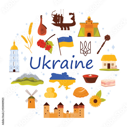 Landmarks and free symbols of culture and independent Ukraine round banner design. Fortress and church of Kyiv, wheat and sunflower, bandura and village house in circle cartoon vector illustration