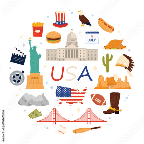 Travel to United States of America round banner design. Culture elements and USA text, famous city and nature landmarks, Grand Canyon and Statue of Liberty in circle cartoon vector illustration