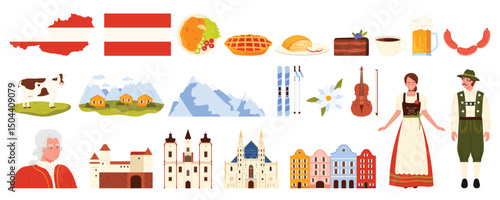 Travel to Austria set. Famous architecture landmarks and mountain nature landscape, traditional food and beer, Austrians in national folk dress, flag and map of Austria cartoon vector illustration